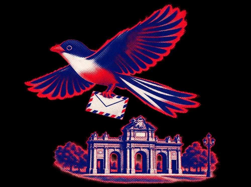 El tocororo llegando a Madrid con una carta, sobre la Puerta de Alcalá